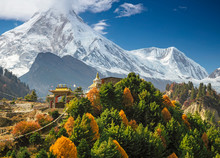 Buddhist Monastery And Manaslu Mount In Himalayas, Nepal.  View From Manaslu Circuit Trek