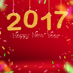 Poster - 2017 Happy new year gold color and confetti hanging at red studi
