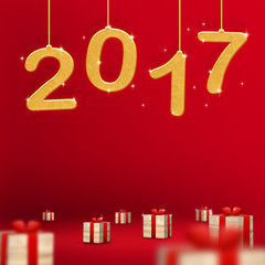 Poster - 2017 Merry Christmas color hanging at red studio room with prese
