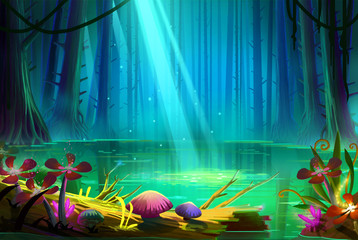 Wall Mural - Lake inside the Deep Forest. Video Game's Digital CG Artwork, Concept Illustration, Realistic Cartoon Style Background
