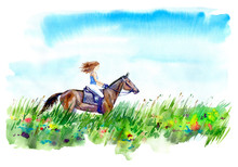 Girl Riding A Horse On The Field.Summer Landscape.Watercolor Hand Drawn Illustration.White Background.