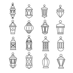 Wall Mural - Ramadan vintage lantern linear icons. Vector muslim antique lamp symbols