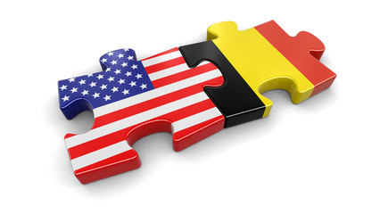 Poster - USA and Belgium puzzle from flags. Image with clipping path