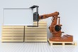 The rooms have wooden pallet on the white wall with Robotic arm ,3d rendering