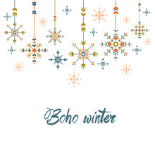 Christmas Greeting Card In Ethnic Style. Geometric Snowflakes On White Background. Holiday Tribal Design.