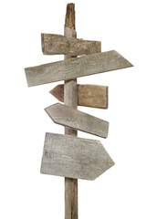 Rough hewn wood signs pointing in various directions