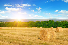 Straw Bales On A Wheat Field And Sunrise On Blue Sky