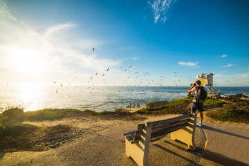 Wall Mural - Photographer taking a picture in La Jolla at sunset