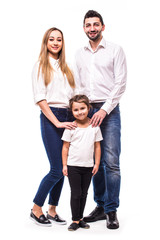 Young Happy family on white background. Mother, father and daughter