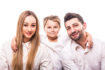 portrait of family on white background. Mother, father and daughter