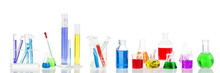 Laboratory Test Flask Containing Colorful Liquids. Panoramic Composition.