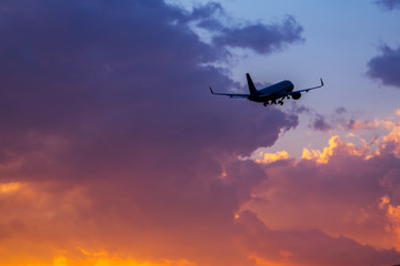 Wall Mural - Passenger airplane flying in the sky at sunset