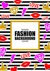 Wall Mural - trendy cover background a4 format. fashion patch badges with lips, crowns, diamond and other element