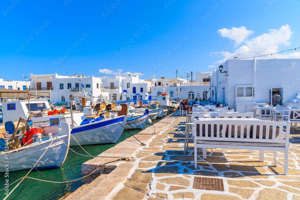 Fishing boats anchoring in Naoussa port, Paros island, Greece - obrazy, fototapety, plakaty 