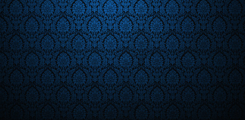 Fragment of ornamental wallpaper turquoise blue navy green colored , or abstract surface of tiled flowers and leaves  pattern, or texture useful as a background vignetted and gradient background