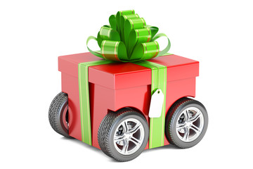 Poster - red gift box on wheels, gift delivery concept. 3d rendering