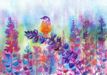 Orange Bird Standing On Lupine. Floral Summer Image.Watercolor Hand Drawn Illustration.