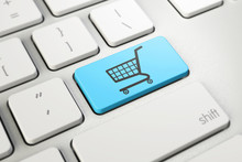 Shopping Cart Symbol On Blue Button Key Of White Keyboard, Online Shopping
