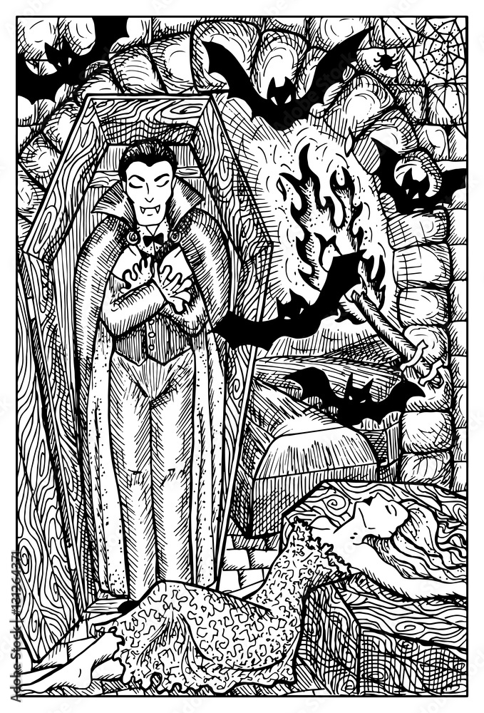 Vampire in the crypt. Engraved fantasy illustration