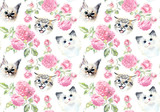 Fototapeta Koty - Seamless pattern with cats and roses. Watercolor hand drawn illustration