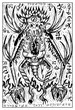 Demon or monster with occult symbols. Engraved fantasy illustration