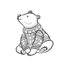 Hand Drawn Outline Print With Polar Bear In Winter Sweater