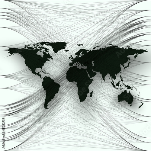 Naklejka na meble Black color world map with abstract waves and lines on white background. Motion design. Gray chaotic, random, messy curves, swirl. Vector decoration.