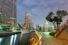 Cityscape Of Yokohama With Sailing Ship At Night, Japan