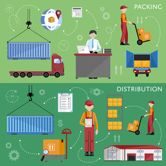 Shipment on warehouse. Distribution goods and shipment of goods in container. Logistic and warehouse infographics. Worldwide delivery process. Logistic service process flat vector illustration.