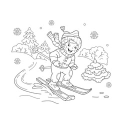 Coloring Page Outline Of cartoon boy riding on skis. Winter sports. Coloring book for kids