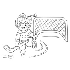 Wall Mural - Coloring Page Outline Of cartoon boy playing hockey. Winter sports. Coloring book for kids