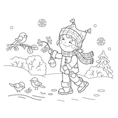 Wall Mural - Coloring Page Outline Of cartoon girl feeding birds. Winter. Coloring book for kids