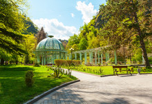 Borjomi Central Historical Park. Georgia. Source With Healing Mineral Water. Beautiful Pavilion With A Glass Dome.
