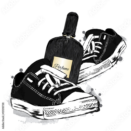 Beautiful shoes and a bottle of perfume. Vector illustration. Stock ...