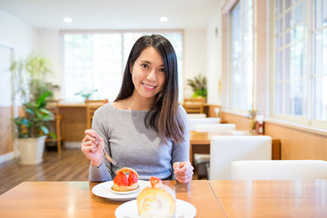 Sticker - Woman enjoy her cake shop