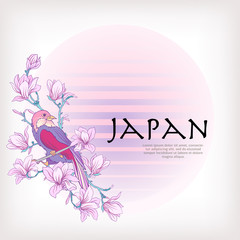 Wall Mural - Card or label with Japanese magnolia pattern and decorative bird