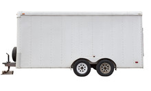 Side View Of Isolated Four Wheel White Utility Trailer.
