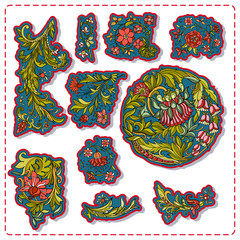 fashion patch set, badges with flowers and floral elements in vi