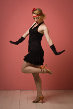 Pretty Actress In Black Retro Dress Dancing Charleston