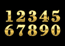 Gold Numbers Set. Golden Metallic Font, Isolated On Black Background. Beautiful Typography Metal Design For Decoration. Symbol Elegance Royal Graphic. Modern Fashion Signs. Vector Illustration