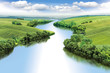Leinwandbild Motiv Zigzag river flows between summer valleys, color illustration