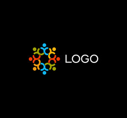 Aufkleber - Isolated human silhouettes holding hands logo. People unity logotype. Round shape icon on black background. Abstract colorful vector illustration.