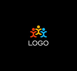 Aufkleber - Isolated human silhouettes holding hands logo. People unity logotype. Abstract colorful vector illustration on black background.