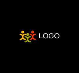 Aufkleber - Isolated human silhouettes holding hands logo. People unity logotype. Abstract colorful vector illustration on black background.
