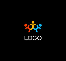 Aufkleber - Isolated human silhouettes holding hands logo. People unity logotype. Abstract colorful vector illustration on black background.