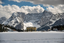 Lake Misurina In Northern Italy With Snow Covered In Spring
