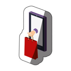 Shopping bag and smartphone icon. Commerce market store and shop theme. Isolated design. Vector illustration