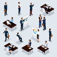 Business people isometric set of men and women in the office business suits isolated on a gray background. Vector illustration