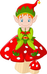 Wall Mural - Cartoon elf sitting on the mushroom