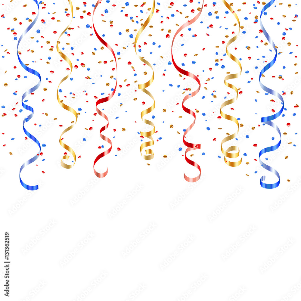Vector de Stock Gold red blue ribbon confetti. Golden serpentine on white  background. Colorful streamers. Design decoration party, birthday,  Christmas, New Year celebration, carnival Vector illustration | Adobe Stock, image size:1000x1000